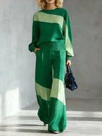Women's Color-block Round Neck Long-sleeved Casual Loose Wide-leg Pants Knitted Set
