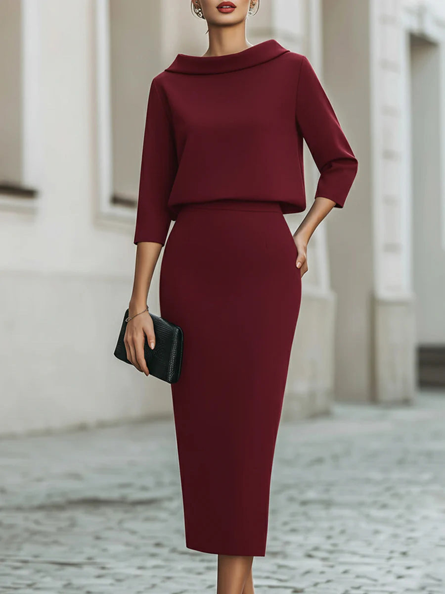 Women's Solid Color Boat Neck 3/4 Sleeve Casual Loose Top And High Waist Casual Slim Pencil Skirt Set