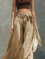 Women's Casual Brown Knitted Sleeveless Turtleneck Top And Khaki Tie-waist Wide-leg Pants Set