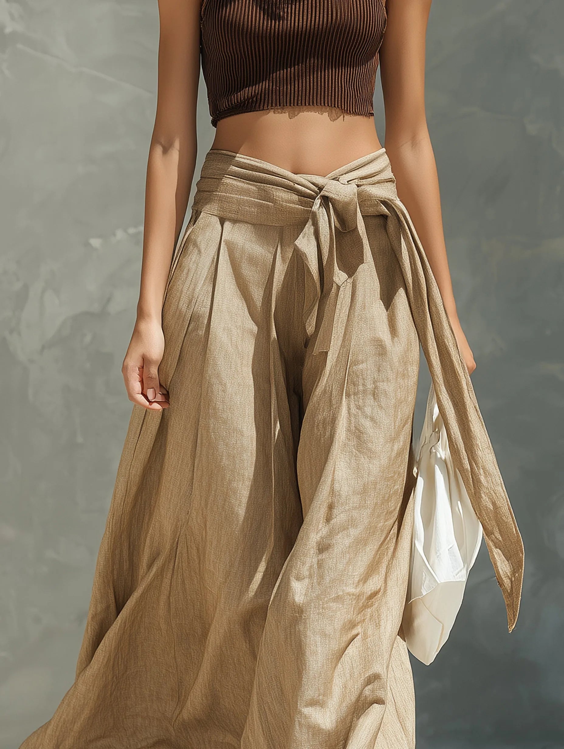Women's Casual Brown Knitted Sleeveless Turtleneck Top And Khaki Tie-waist Wide-leg Pants Set