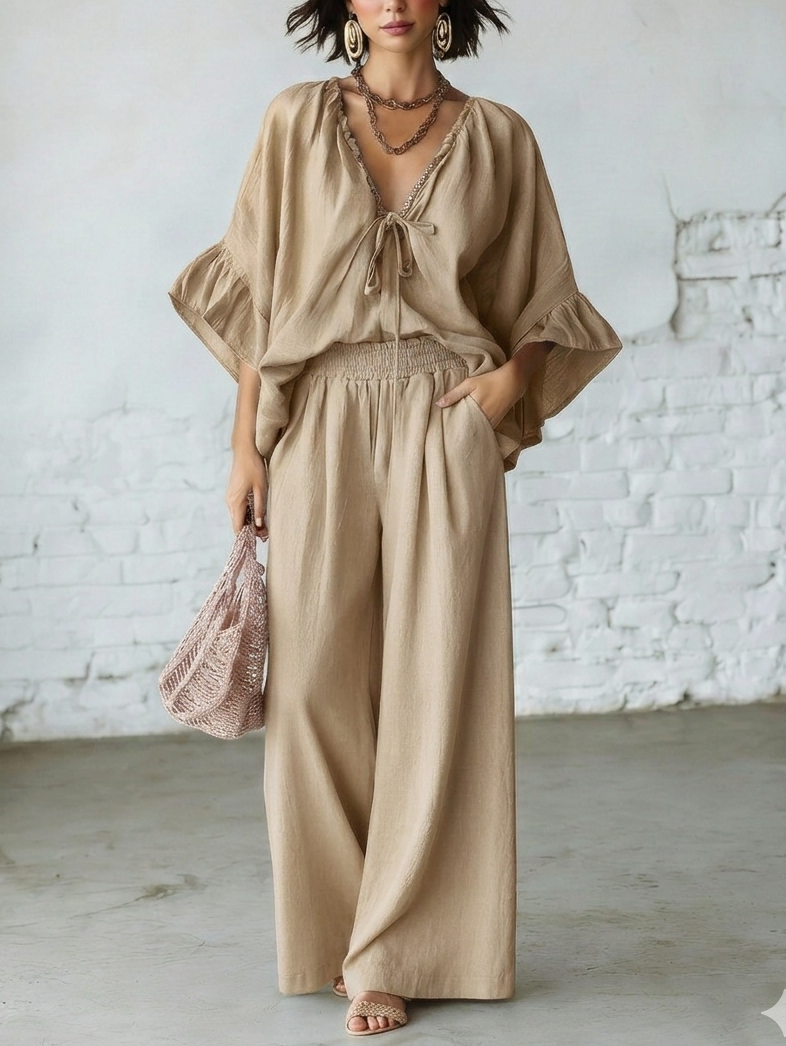 Retro Ruffled V-neck Shirt And Wide-leg Pants Two-piece Set