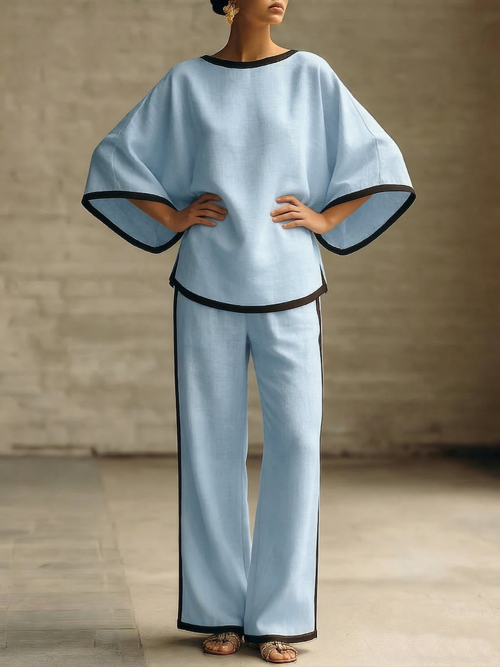 Elegant Trimmed Edge Loose Batwing Sleeve Cotton Linen Two-piece Set