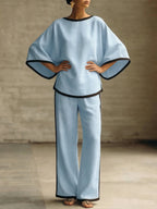 Elegant Trimmed Edge Loose Batwing Sleeve Cotton Linen Two-piece Set