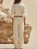 Women's Solid-color Linen Set: V-neck 3/4-sleeve Loose-fit Top & High-waisted Wide-leg Pants