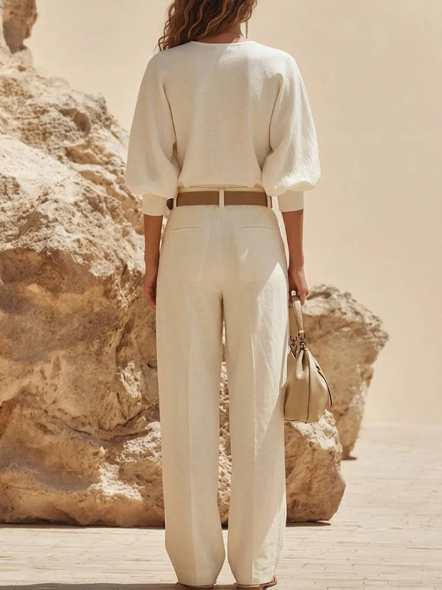 Women's Solid-color Linen Set: V-neck 3/4-sleeve Loose-fit Top & High-waisted Wide-leg Pants