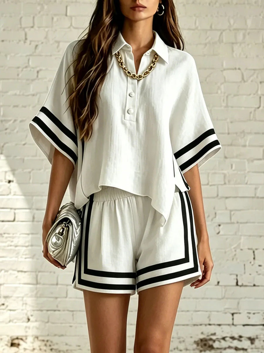 Women's Lapel-collar Stripe Batwing Sleeves Top And Wide-leg Shorts Set