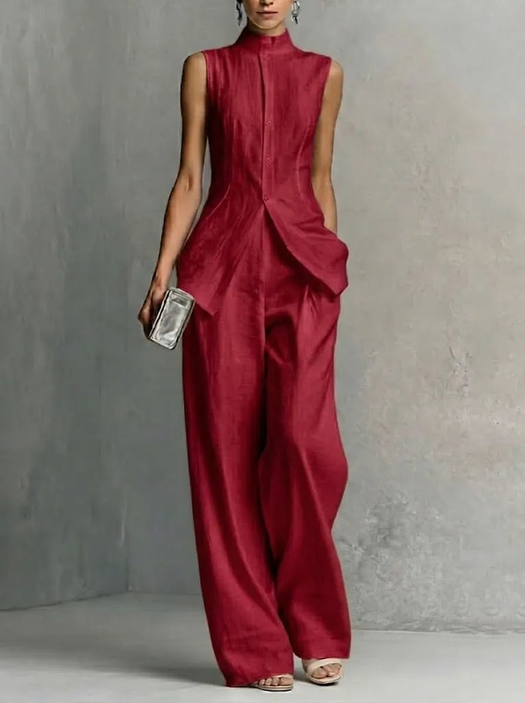 Stylish Slim-fit Sleeveless Linen And Cotton Two-piece Set