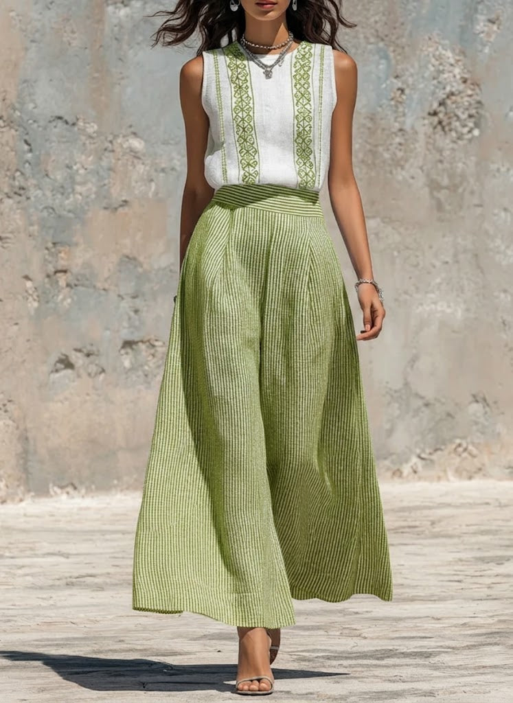 Casual Sleeveless Linen-cotton Top And Striped Wide-leg Pants Two-piece Set