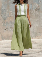 Casual Sleeveless Linen-cotton Top And Striped Wide-leg Pants Two-piece Set