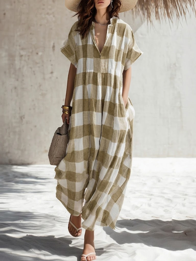 Casual Linen And Cotton Plaid Dress