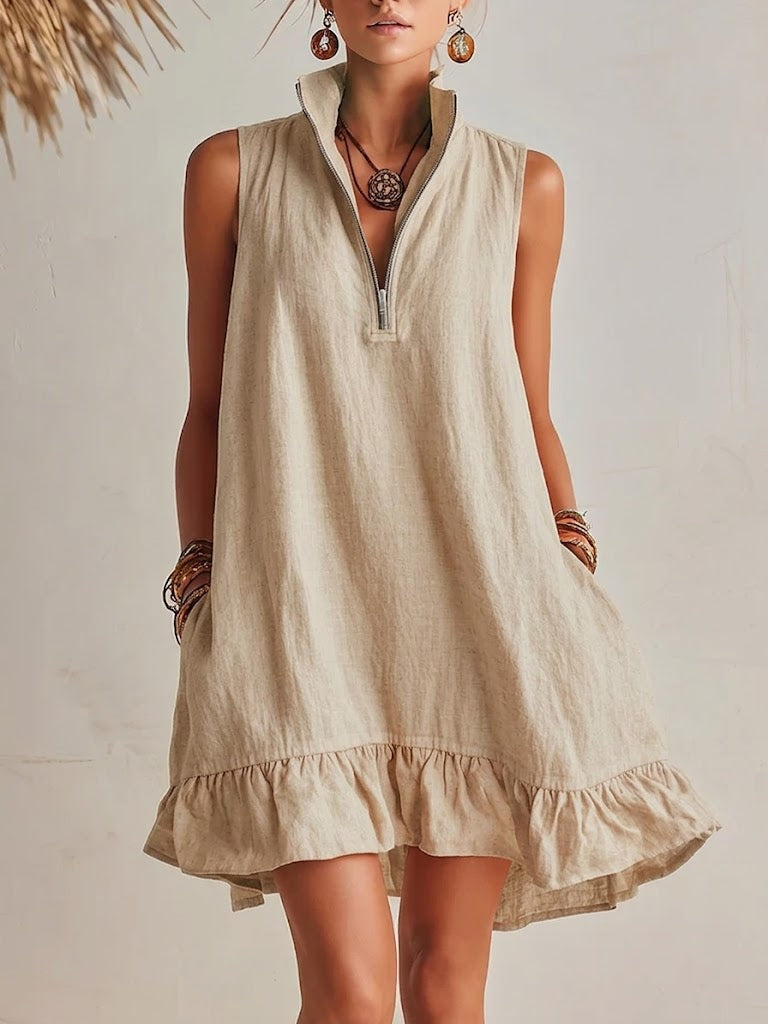 Casual Half-zip Sleeveless Linen And Cotton Dress