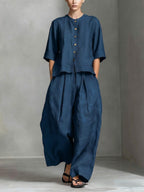 Women's Solid Color Round Neck 3/4 Sleeve Casual Loose Cotton Linen Top And High Waist Wide-leg Pants Cotton Linen Set