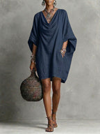 Women's Solid-color Cowl-neck 3/4-sleeve Casual Loose Cotton-linen Dress