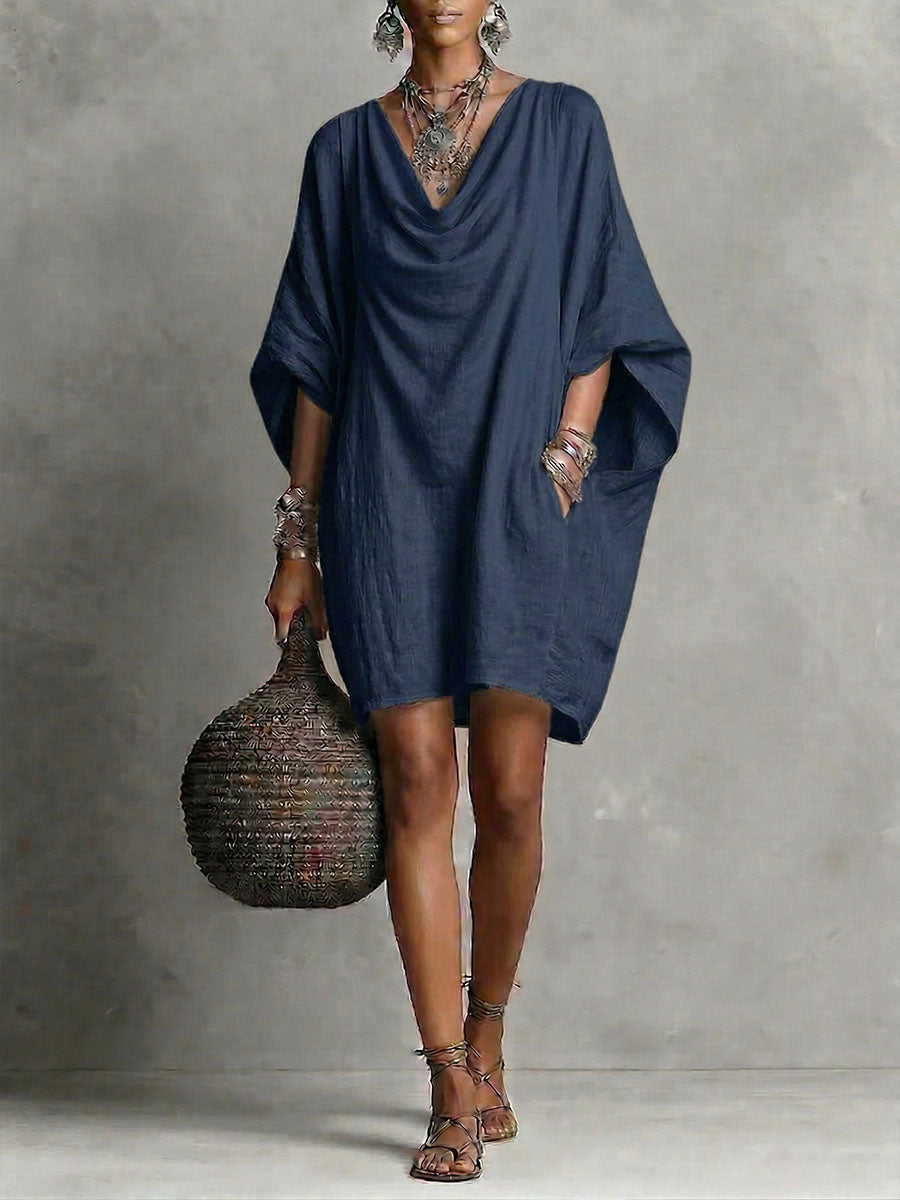 Women's Solid-color Cowl-neck 3/4-sleeve Casual Loose Cotton-linen Dress