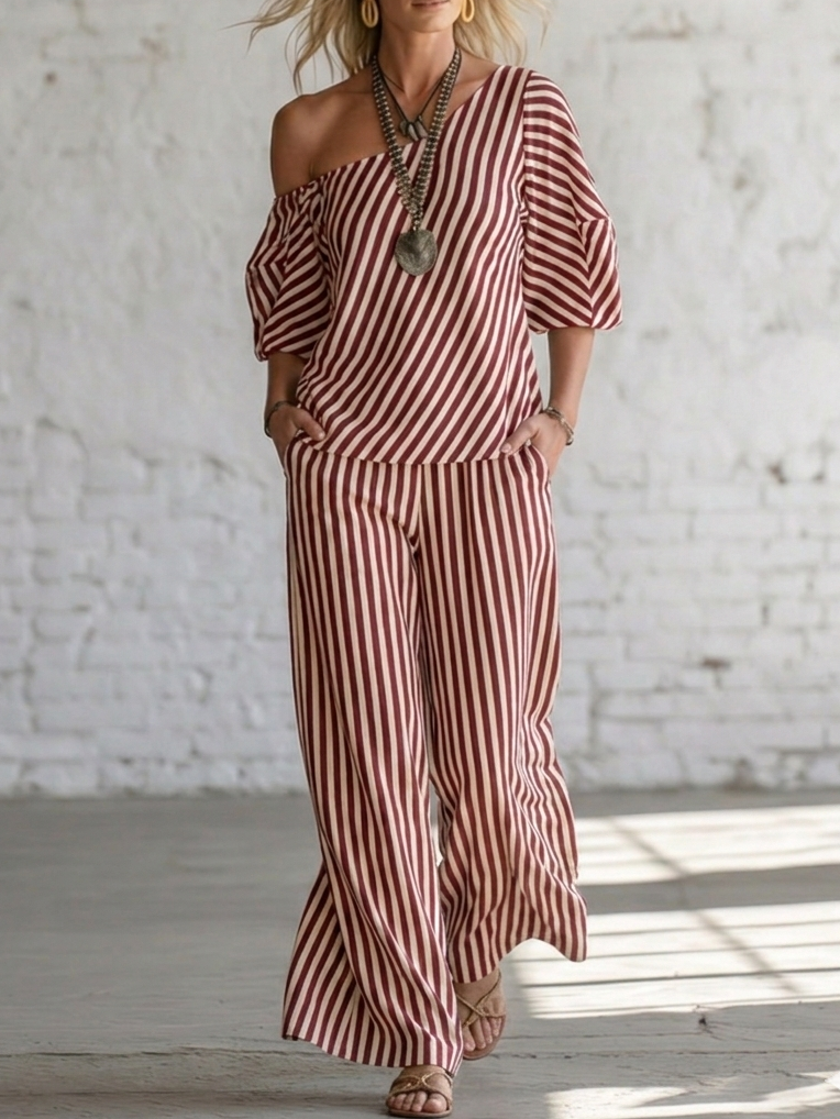 Elegant Classic Striped Off-shoulder Top And Wide-leg Pants Two-piece Set