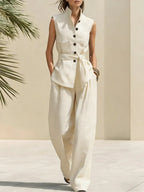 Casual Vacation Light Cotton And Linen Top And Wide-leg Pants Set