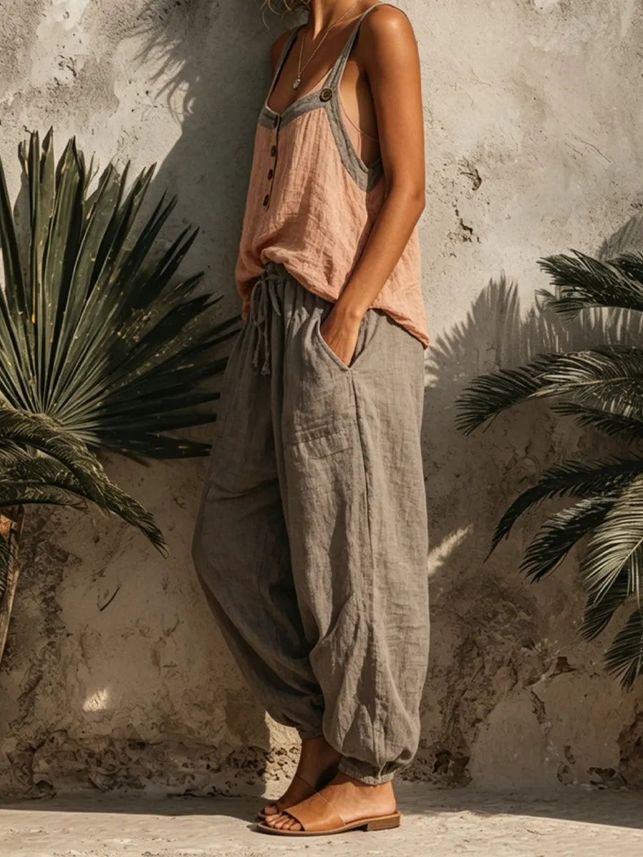 Front-button Camisole & Drawstring Harem Pants Cotton-linen Set