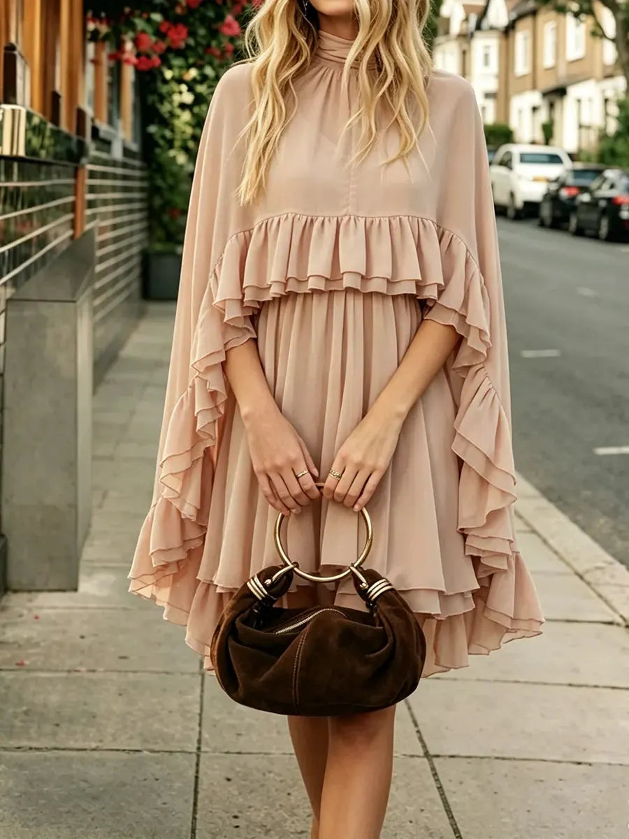 Semi-Sheer Ruffle Dress With Outer Cape Two-piece Set