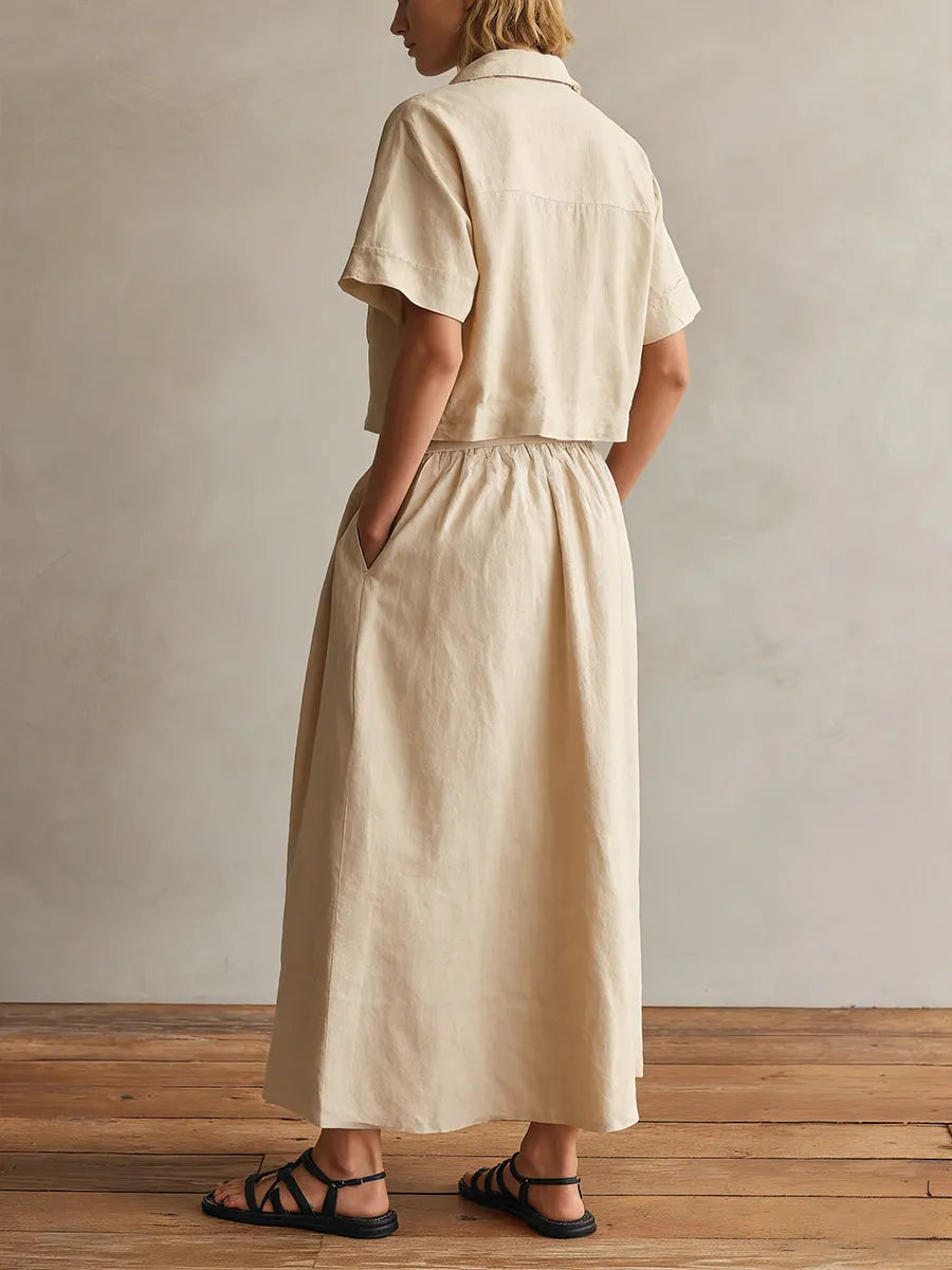 Casual Half-zip Short-sleeved Cotton Top And Skirt Two-piece Set