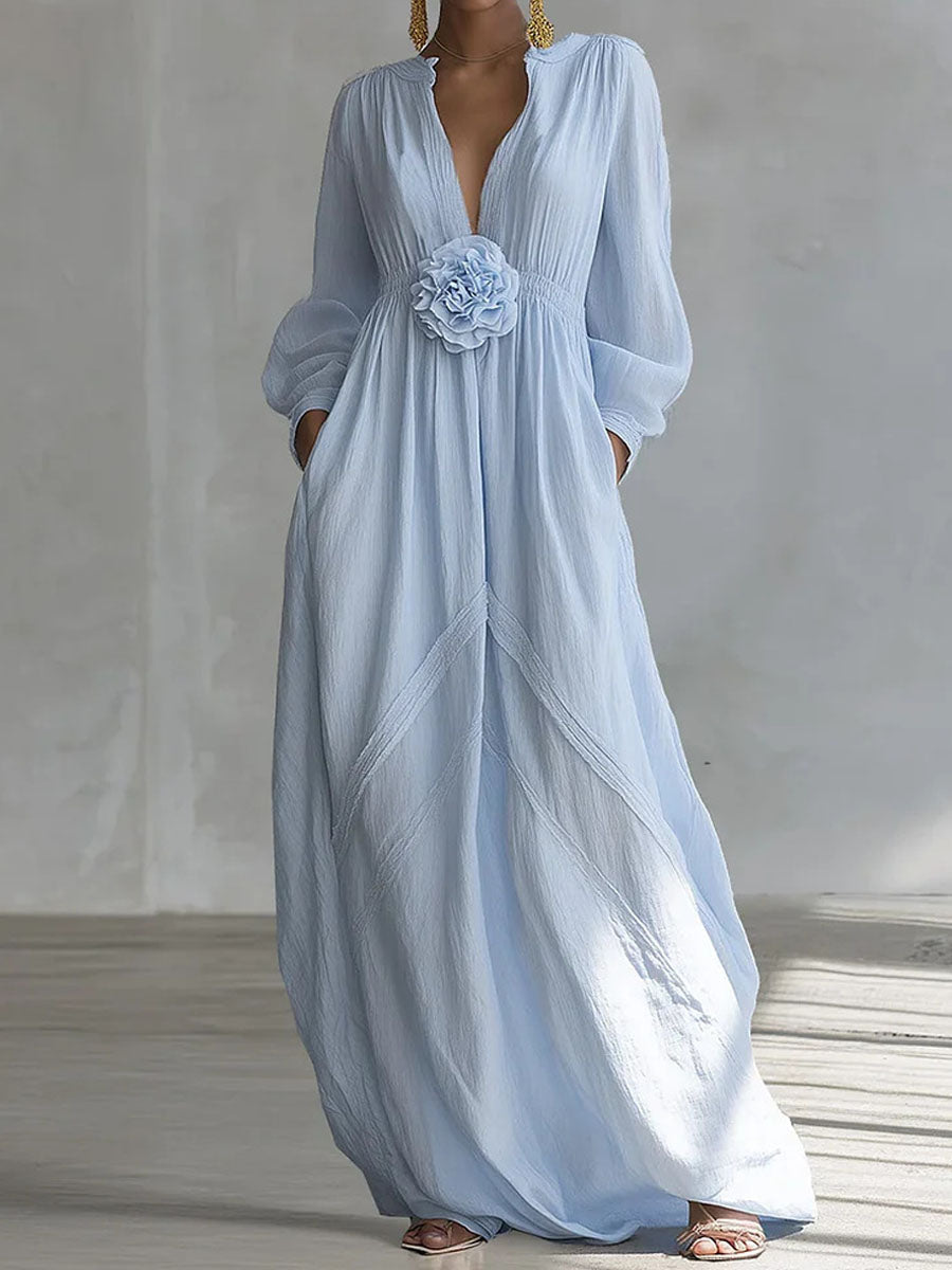 Women's Elegant 3D Floral Cotton-Linen Dress
