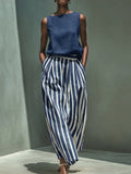 Elegant Boat-neck Shirt And Striped Wide-leg Pants Cotton-linen Set
