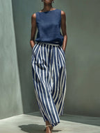 Elegant Boat-neck Shirt And Striped Wide-leg Pants Cotton-linen Set