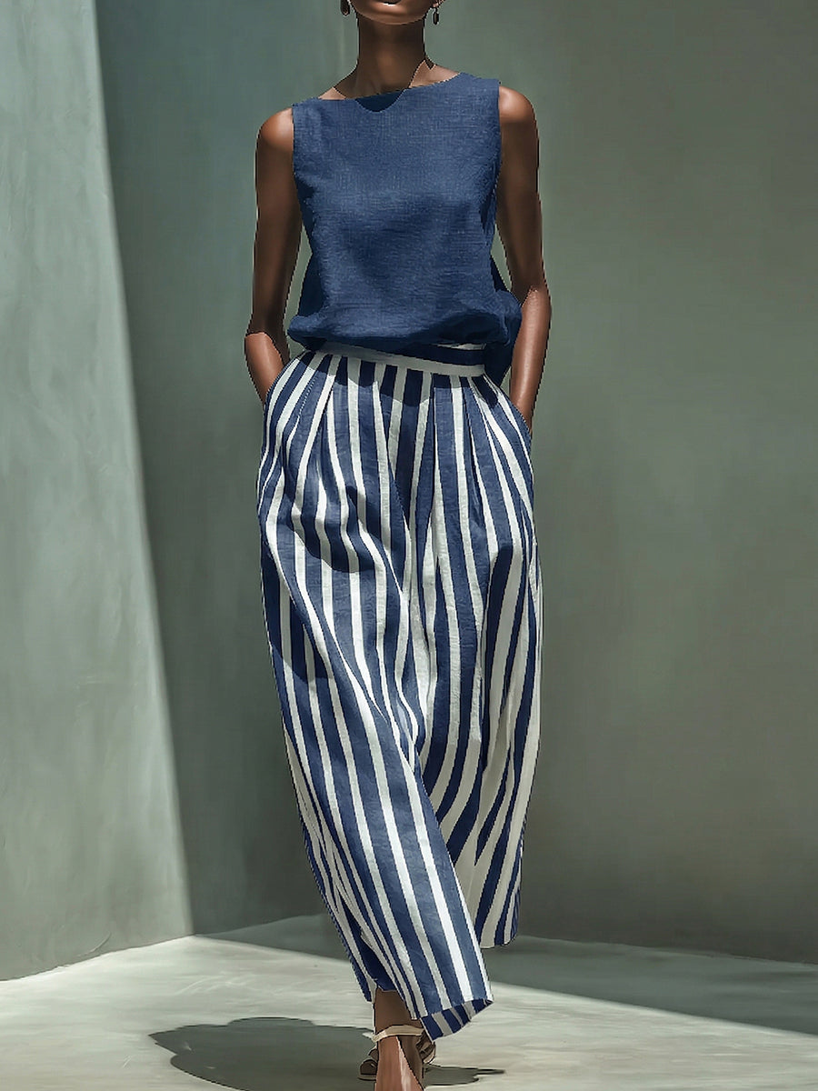 Elegant Boat-neck Shirt And Striped Wide-leg Pants Cotton-linen Set