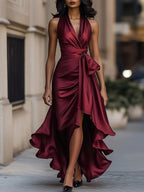 Women's Solid-color V-neck Sleeveless Casual Loose A-line Satin Dress
