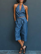 Women's V-neck Sleeveless Casual Loose Top And High-waisted Casual Loose Wide-leg Jeans Set