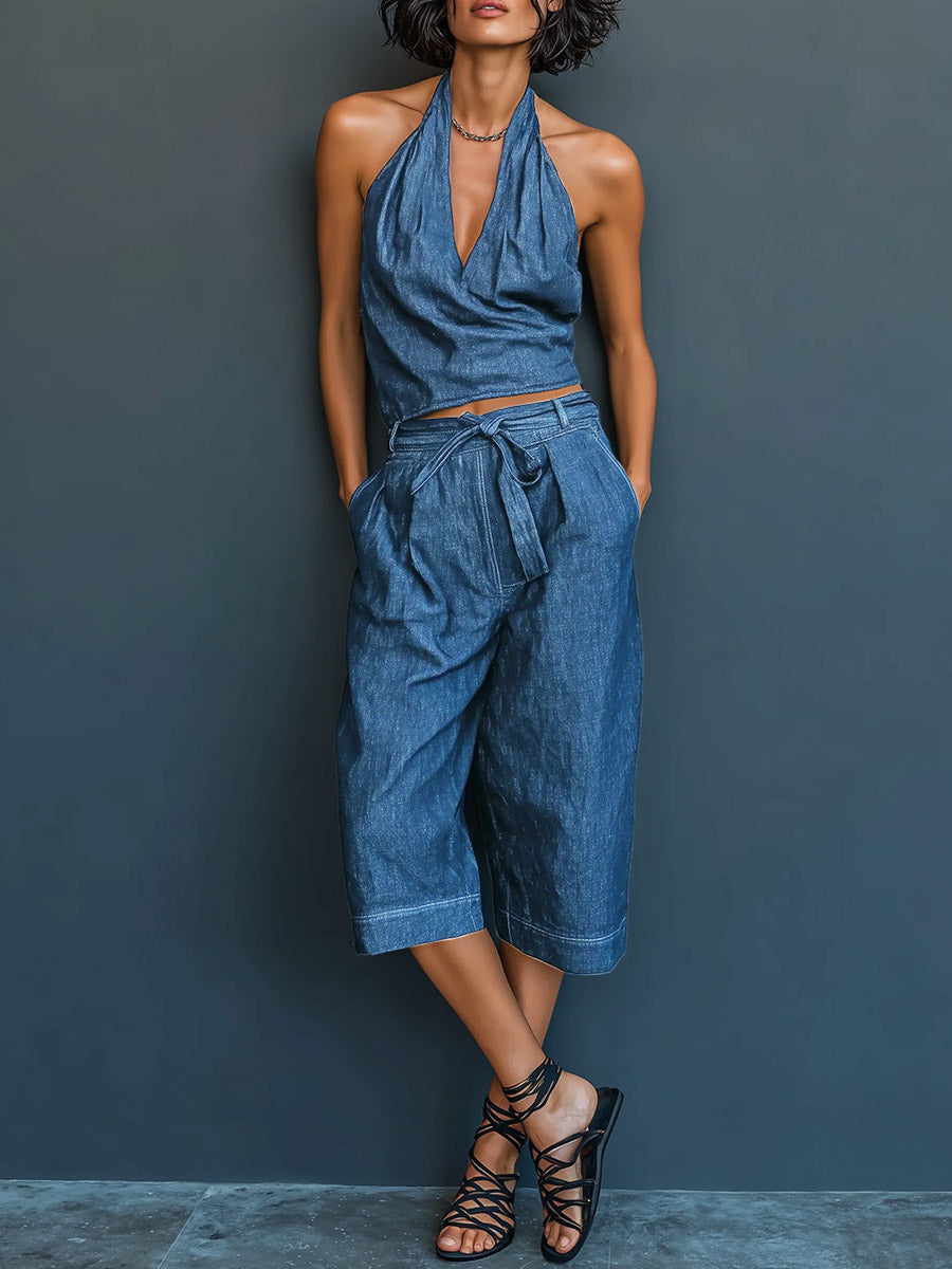 Women's V-neck Sleeveless Casual Loose Top And High-waisted Casual Loose Wide-leg Jeans Set