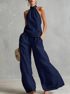 Women's Stand-up Collar Sleeveless Casual Loose Cotton And Linen Top With Elastic Waist And Wide-leg Pants Cotton And Linen Set