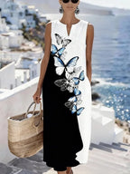 Women'S Casual Color-Block Cotton And Linen Dress