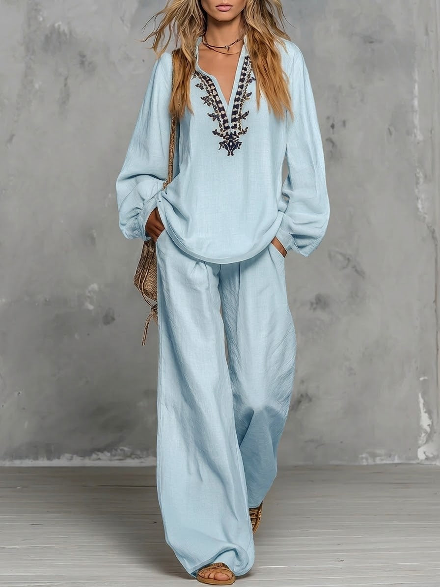 Casual Linen And Cotton Shirt And Trousers Two-piece Set